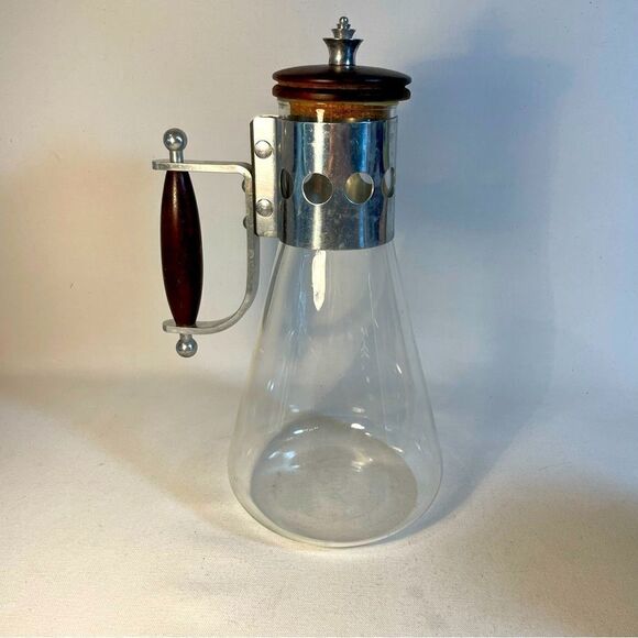 MCM PYREX Glass Teak Cork & Stainless Steel Danish Modern Coffee Water Carafe - Picture 1 of 16